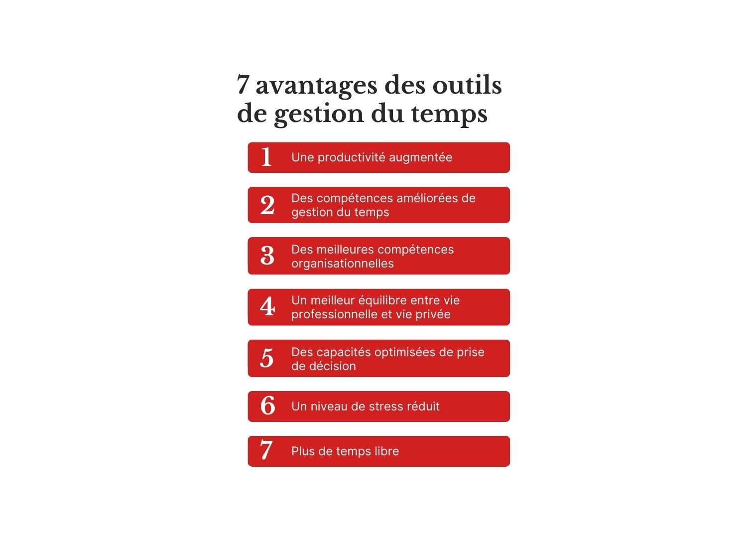 Infographie présentant une liste de sept avantages des outils de gestion du temps. 