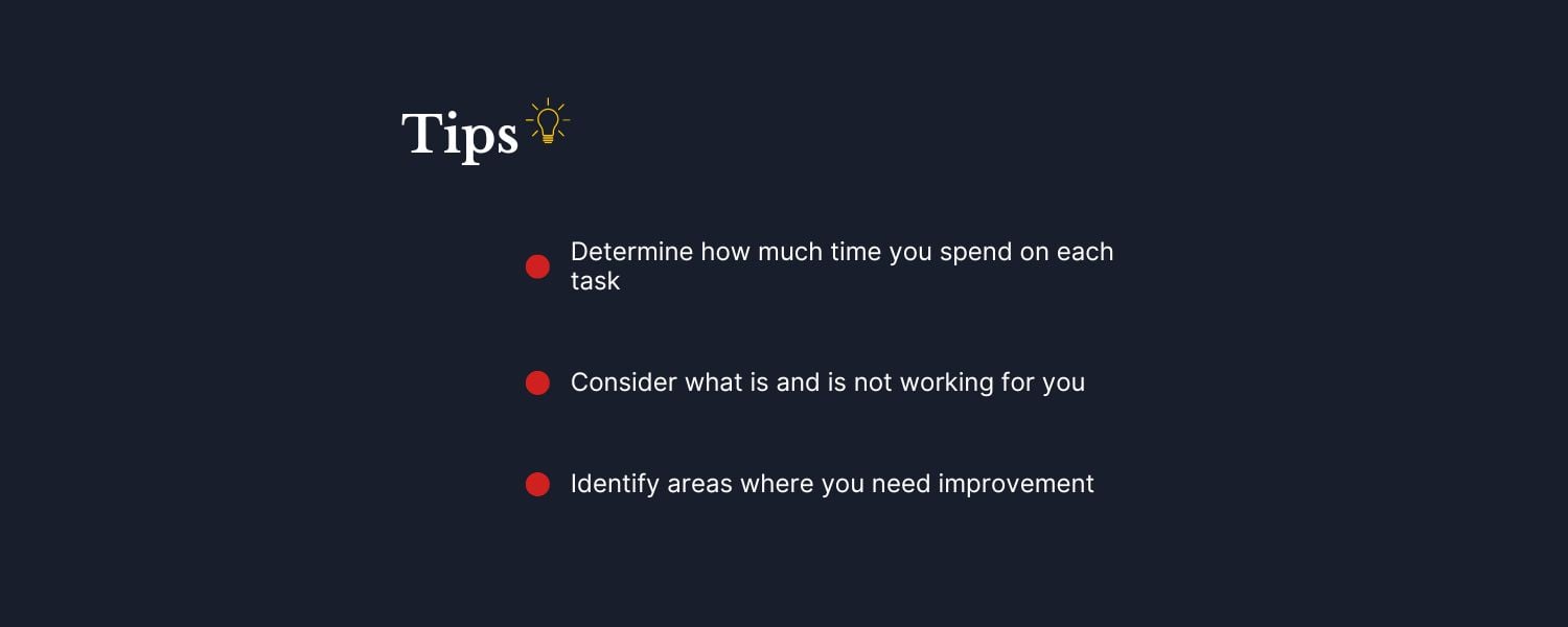 Infographic showing three tips to analyze current time management practices.