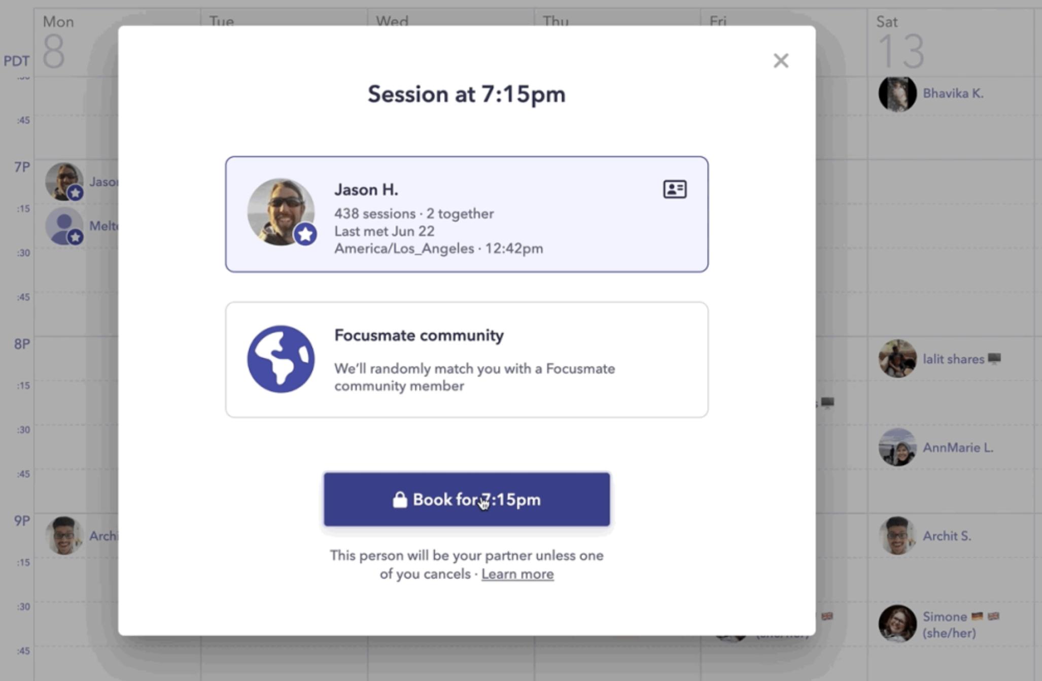 Interface de Focusmates montrant une invitation pour une session.